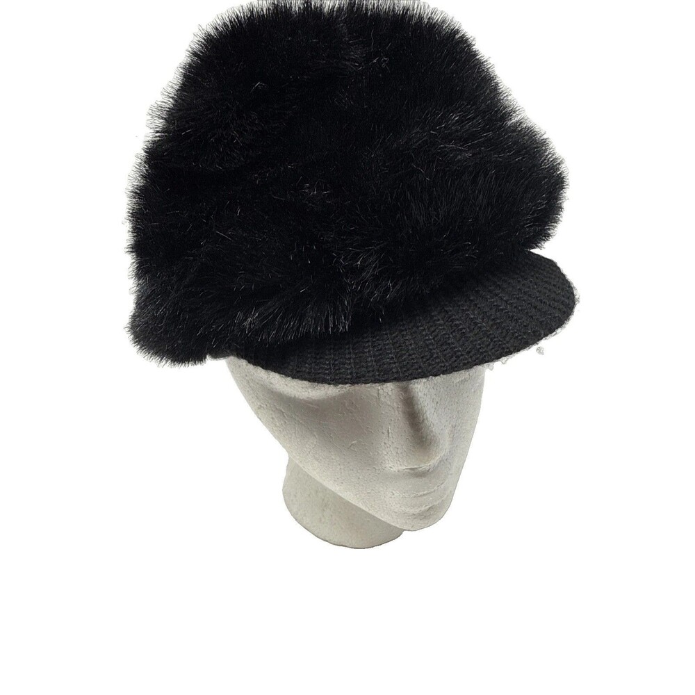 Y2K Black Faux Fur Newsboy Cap Winter Plush Fuzzy Hat Cold Weather OSFM